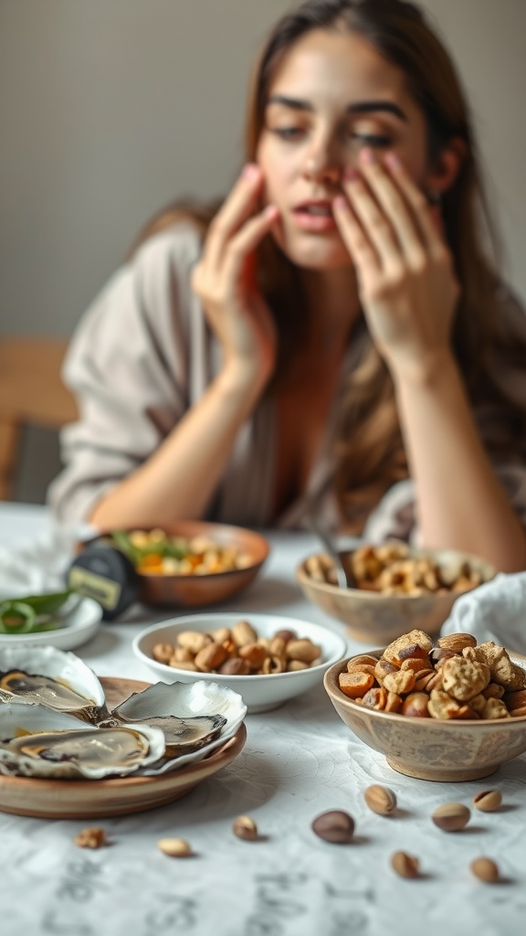 A woman touching her face with plates of nuts and oysters on a table.
