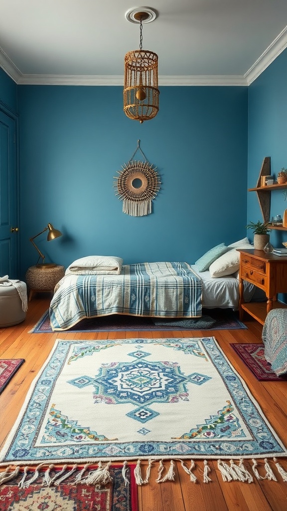 A cozy blue boho bedroom featuring decorative rugs, a bed with patterned blankets, and a warm atmosphere.