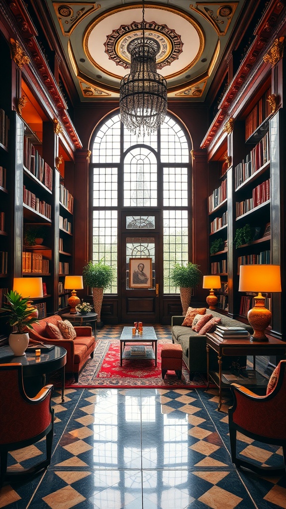 Art Deco inspired library with elegant chandelier, bookshelves, and cozy seating