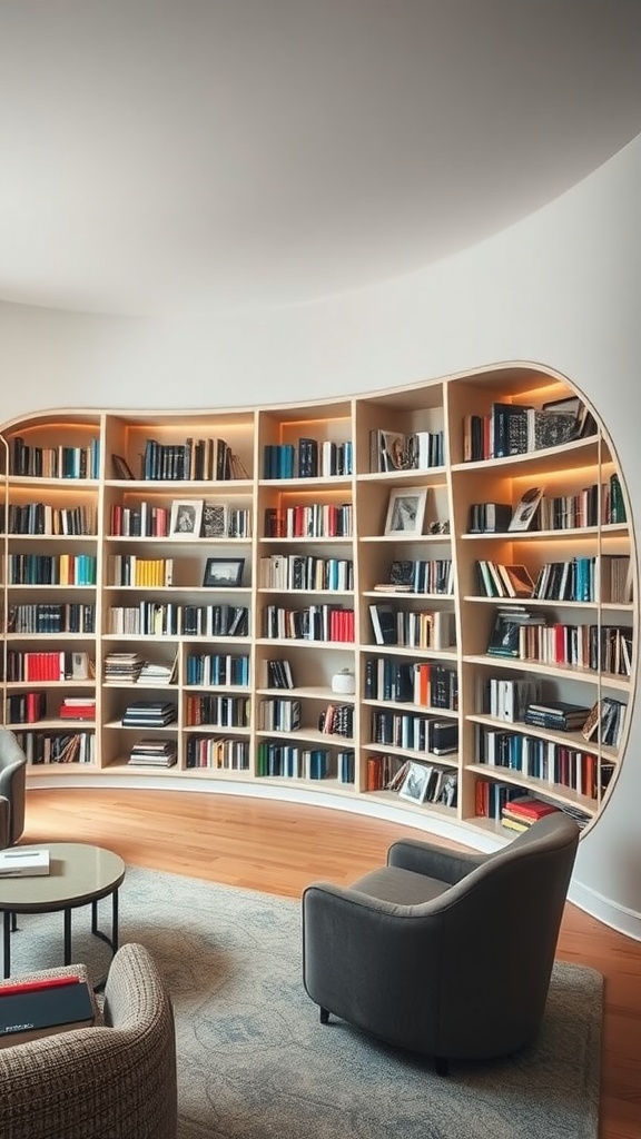 Stylish home library with curved wooden shelves filled with books and comfortable seating.