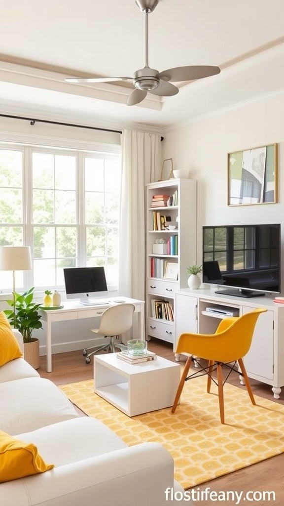 A bright home office with white furniture, yellow accents, and a cozy rug.