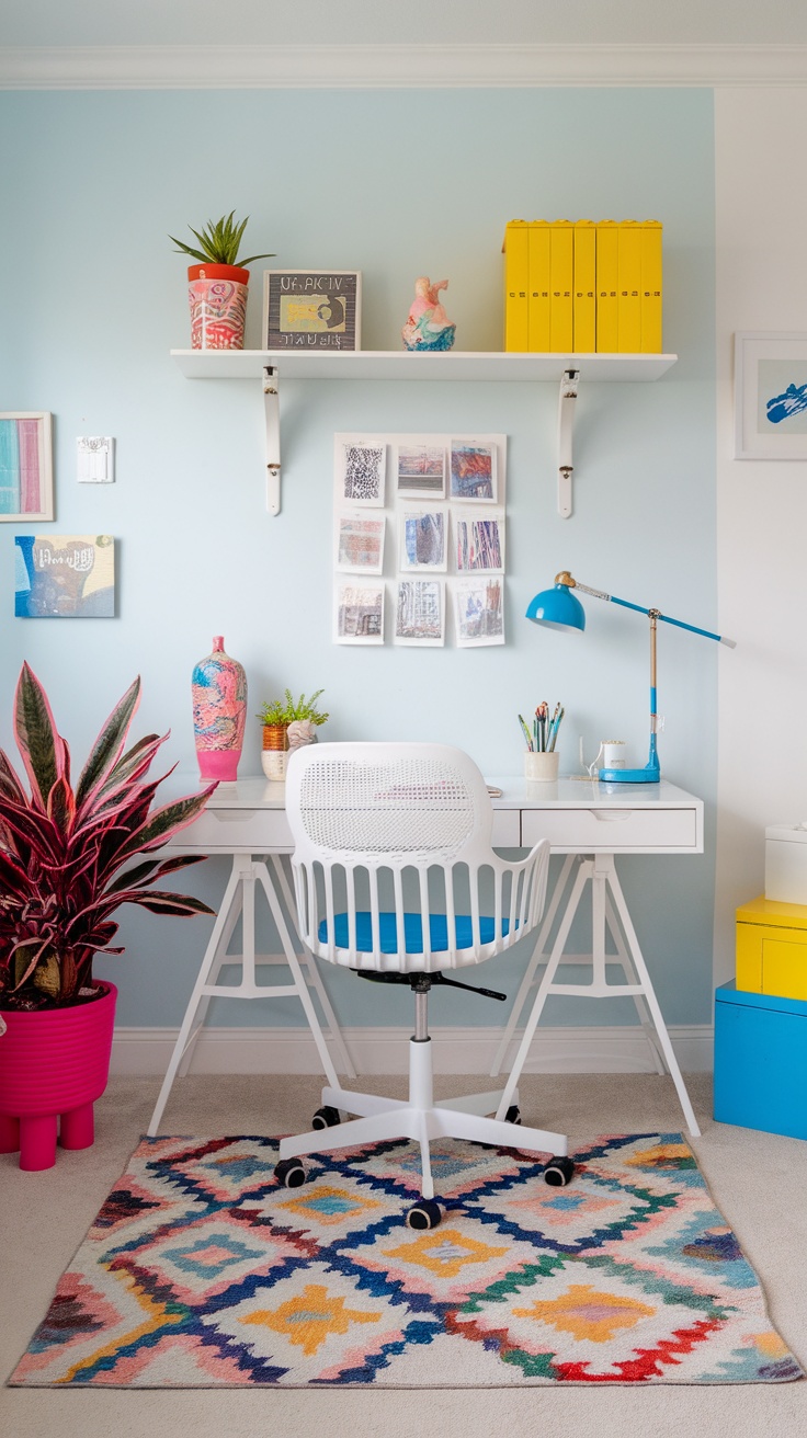 A bright white home office with colorful accessories, featuring a white desk, blue wall, yellow storage boxes, and vibrant plants.