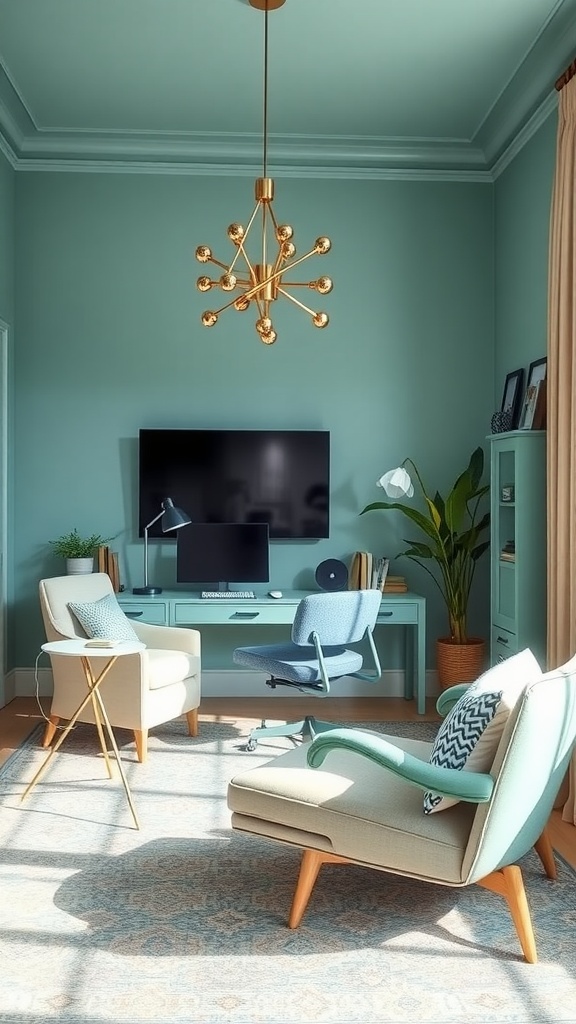 A serene home office with calming blue walls, a comfortable sofa, and a desk setup, featuring natural light and plants.