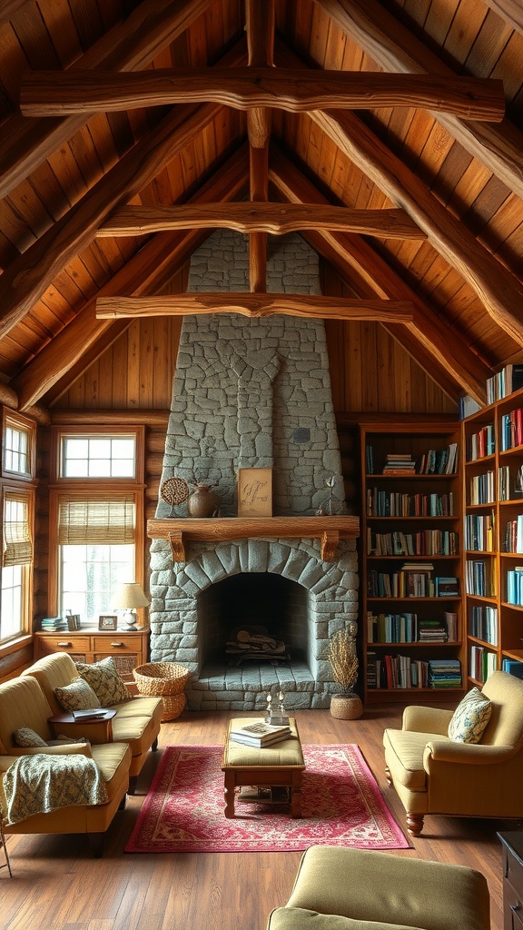 A cozy rustic cabin library with wooden beams, a stone fireplace, and comfortable seating.