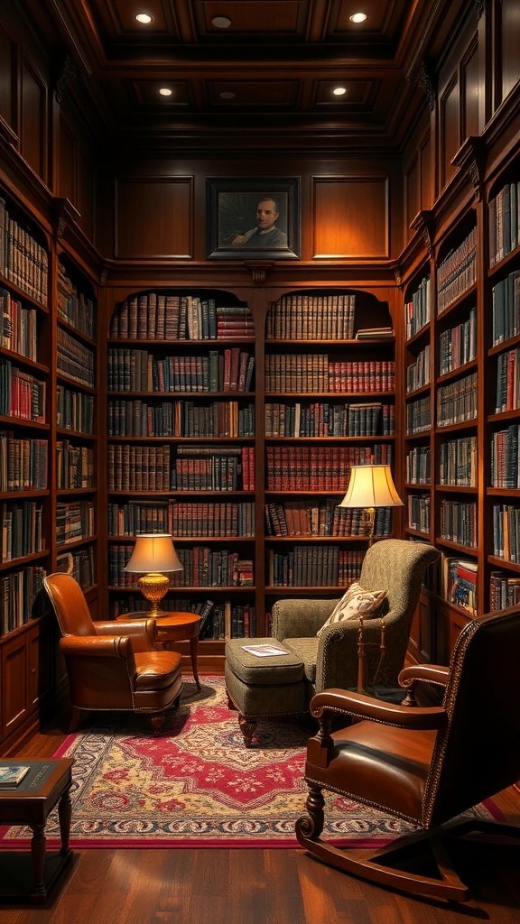 A classic study with wooden bookshelves, leather chairs, and warm lighting.