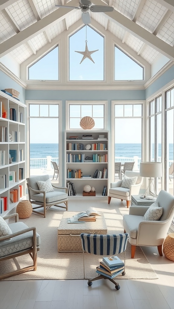 Coastal themed beach house library with large windows and soft seating.