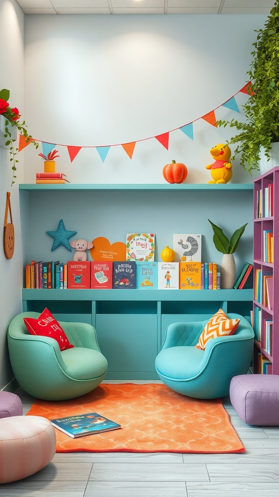 A colorful children's reading corner with vibrant seating, books on shelves, and playful decorations.