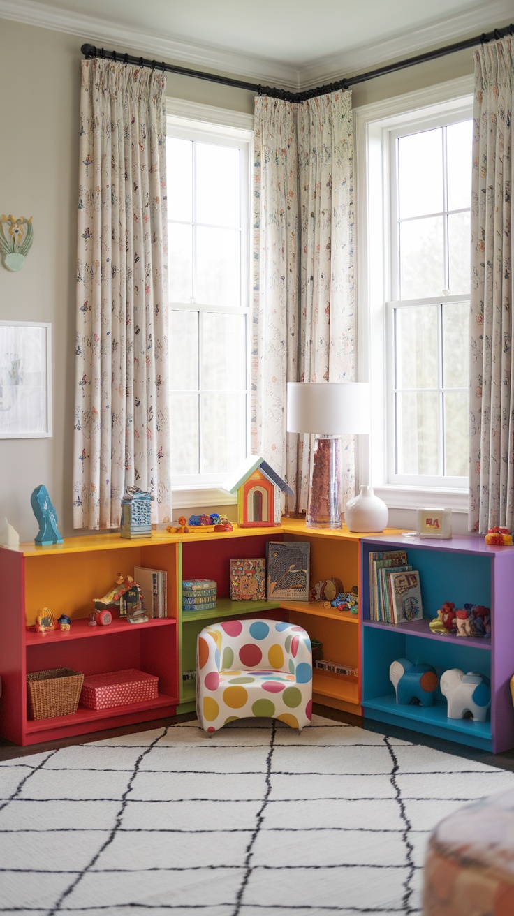 A colorful corner bookshelf designed for kids, featuring bright shelves filled with books and toys, accompanied by a polka-dotted chair.
