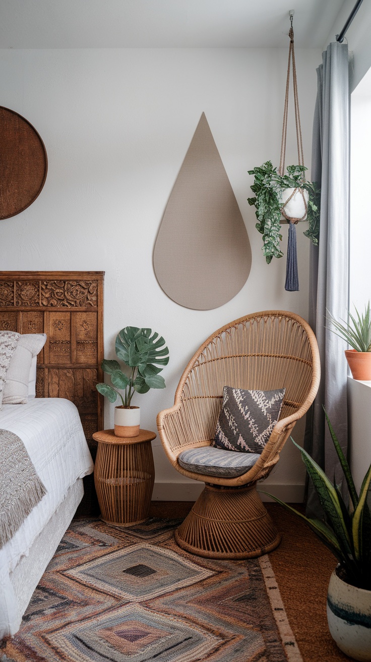 A cozy boho bedroom featuring a wooden bed, rattan chair, and plants, showcasing a blend of modern and vintage styles.
