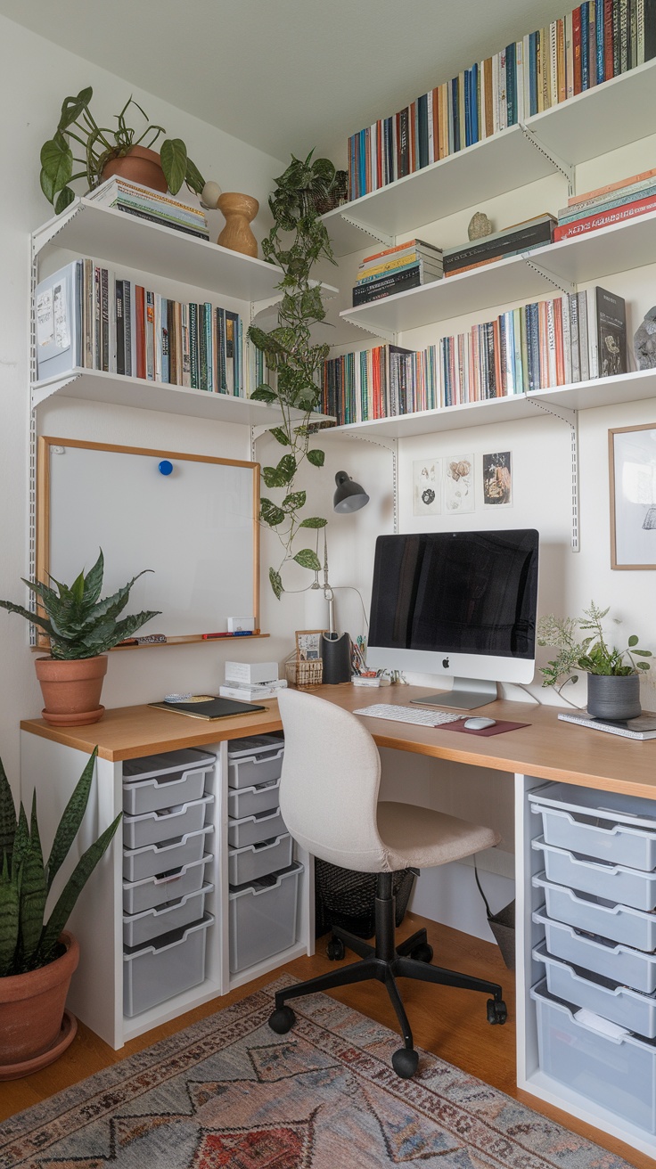 Compact Scandinavian home office with books, plants, a desk, and storage solutions