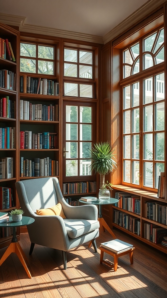 A cozy reading nook with a comfortable chair, bookshelves, and bright natural light from large windows.