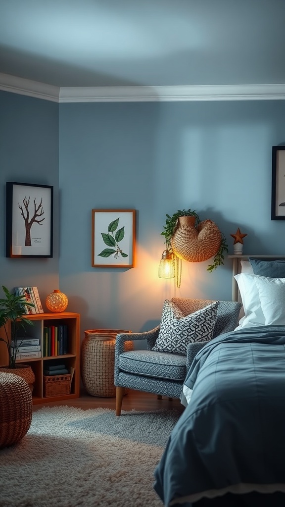 A cozy reading nook in a blue boho bedroom with a chair, cushions, and a bookshelf.