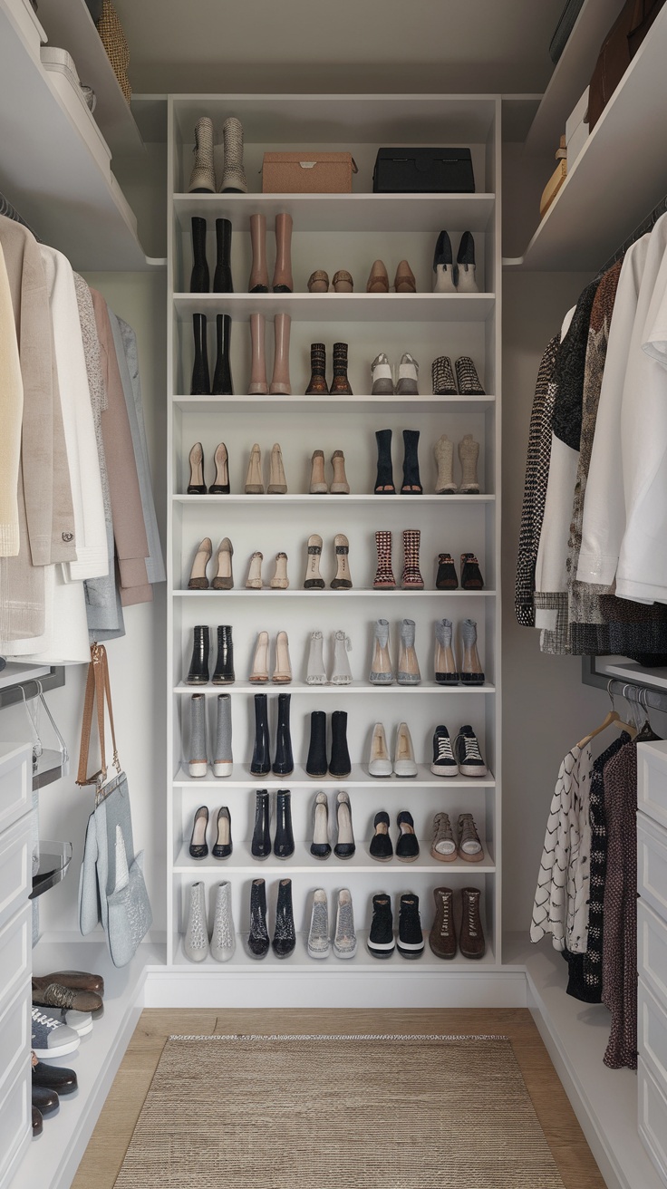 A well-organized walk-in closet with accessible shoe storage displayed on open shelves.