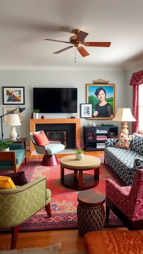 A stylish home office and TV room combo featuring eclectic decor, colorful furniture, and wall art.