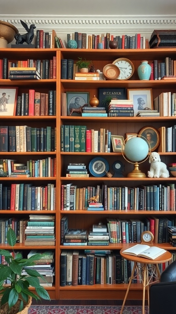 A cozy home library with a vintage book collection, featuring a mix of colorful books, decorative items, and a reading table.