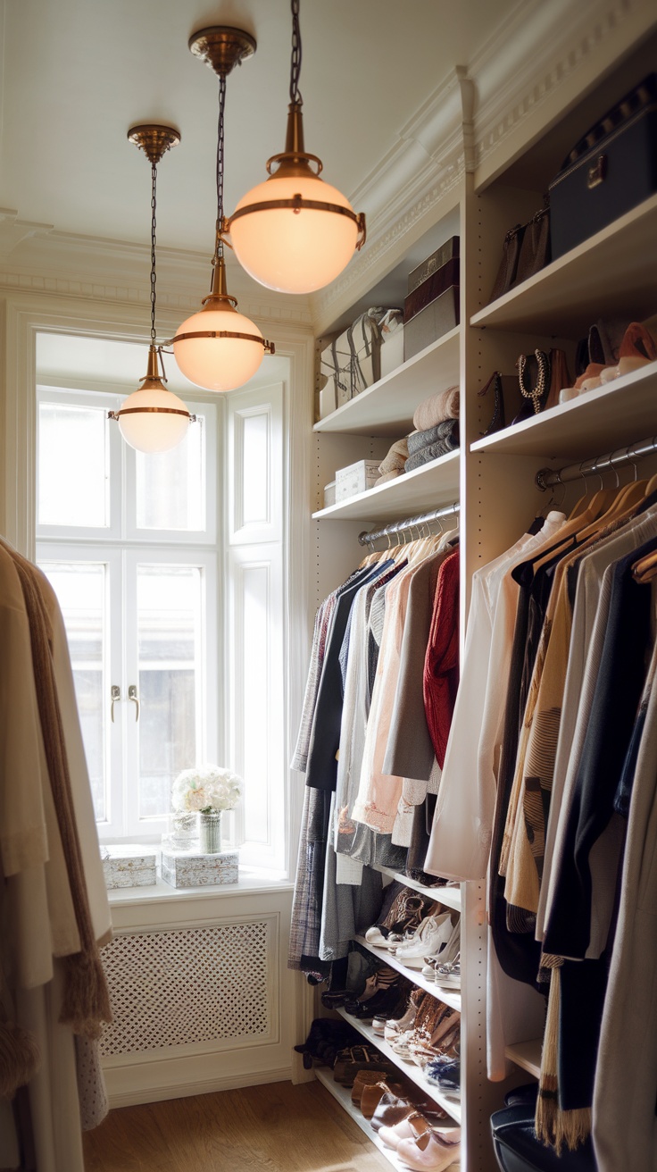 Well-lit walk-in closet with pendant lights and organized clothing