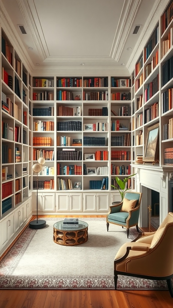 A beautifully designed home library with floor-to-ceiling bookshelves, cozy seating, and a stylish coffee table.