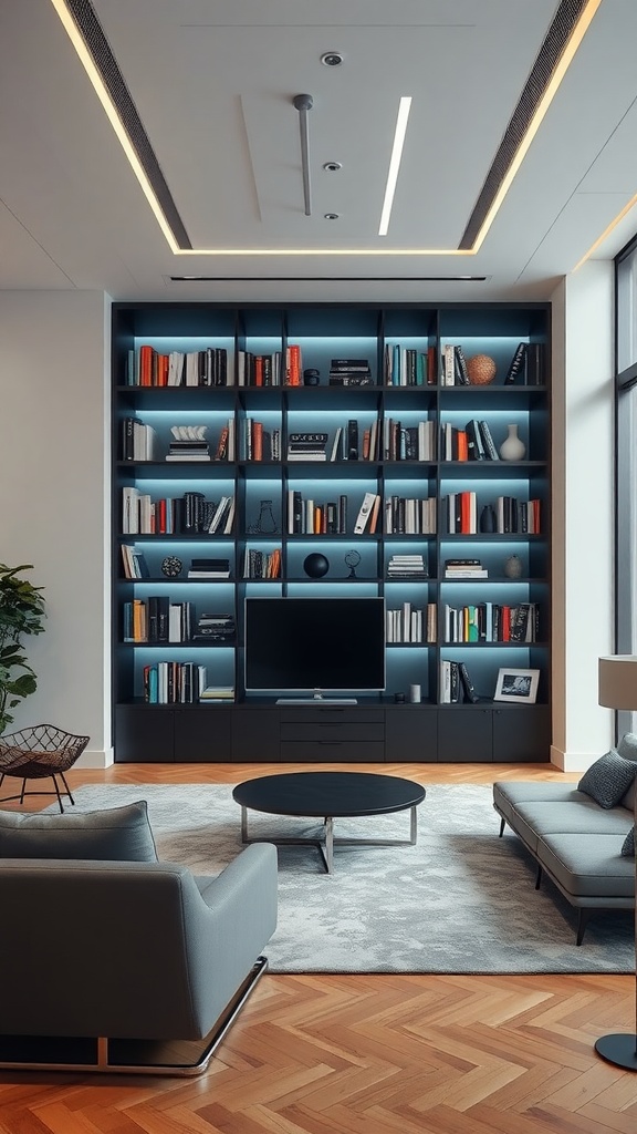 A modern home library with sleek black bookshelves, a TV, and comfortable seating.