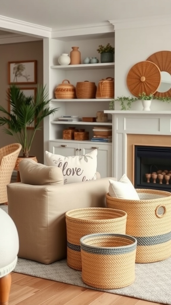 A cozy living room with woven storage baskets, a neutral-colored couch, and decorative items on shelves.