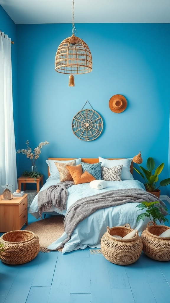 A blue bedroom featuring natural decor elements like rattan light fixtures, woven baskets, and plants.