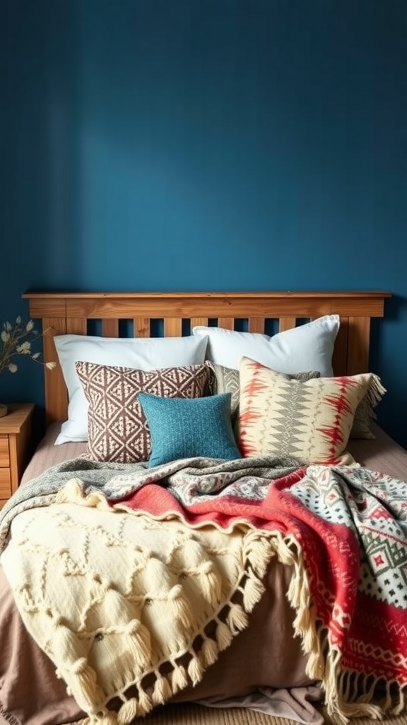 A cozy boho bedroom setup featuring a layered bed with various pillows and blankets in warm colors.