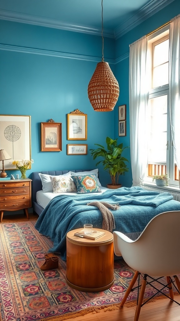 A bright blue boho bedroom featuring a mix of vintage and modern furniture, including a modern bed and vintage nightstand.