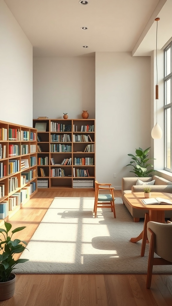 A bright and inviting family library space with bookshelves, seating, and plants.