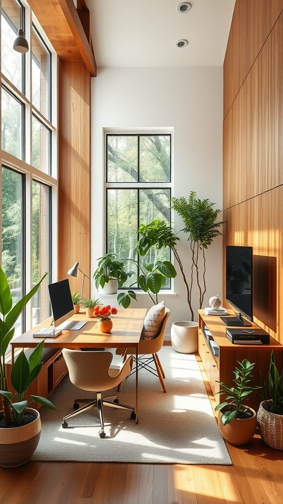 Bright home office with large windows, plants, and a modern desk setup.