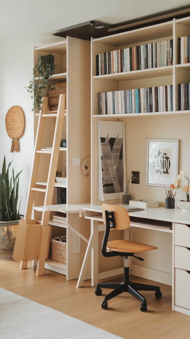 A Scandinavian home office with a collapsible desk, shelves filled with books, a ladder, and decorative plants.