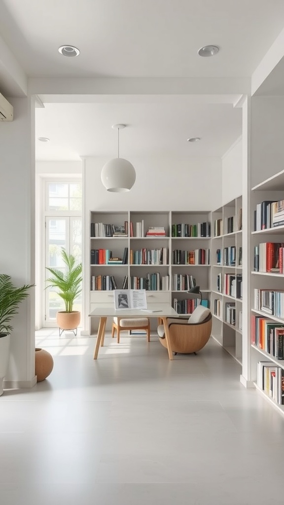 Open concept home library with workspace and bookshelves.