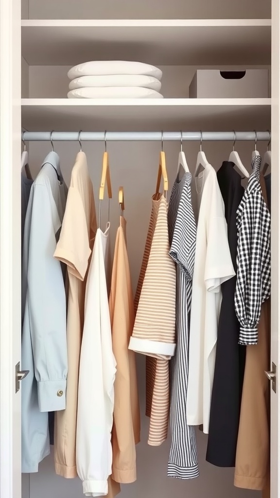 An organized closet with neatly hung clothes and stacked towels on shelves.