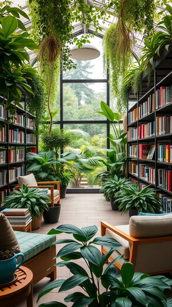 A serene indoor garden library filled with plants and books.