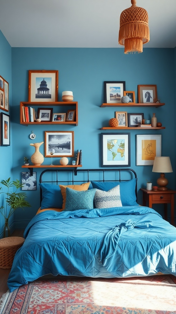A cozy blue boho bedroom with travel souvenirs displayed on shelves.