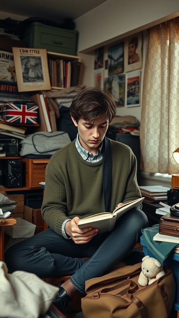 A young man sitting in a cluttered room, reading a book surrounded by various items.