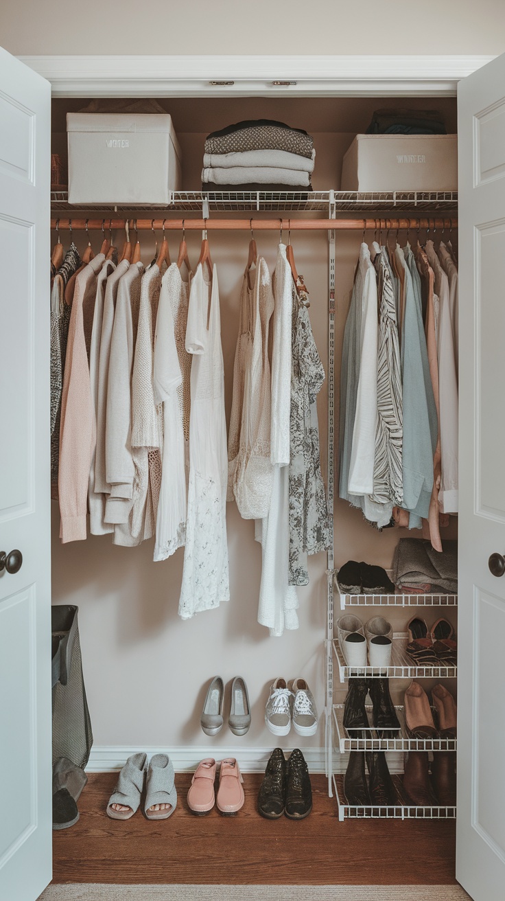 A well-organized closet showcasing seasonal clothing and shoes.