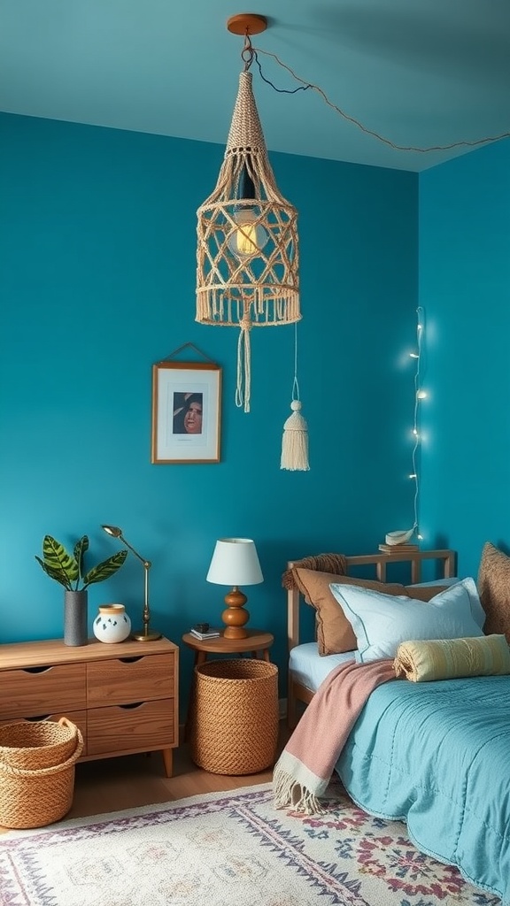 A bright blue boho bedroom featuring unique lighting fixtures including a macramé pendant lamp and cozy décor.