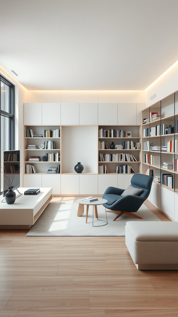 A modern minimalist home library featuring sleek shelves, a comfortable chair, and a cozy atmosphere.