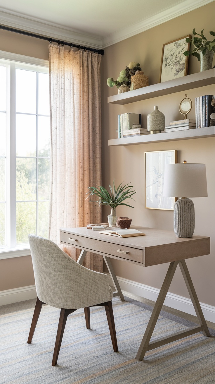 A serene home office with a soft color palette featuring light beige walls, light wood desk, cozy chair, and natural light.