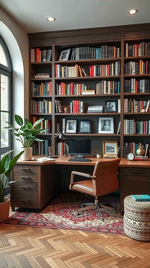 A sophisticated home office library combo featuring a wooden bookshelf filled with books, a stylish desk, and a comfortable chair.