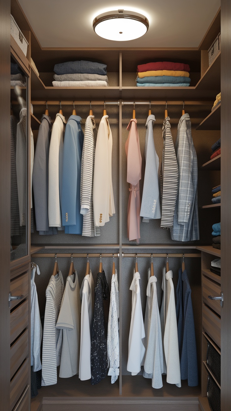 Neatly organized walk-in closet with clothes hung and folded