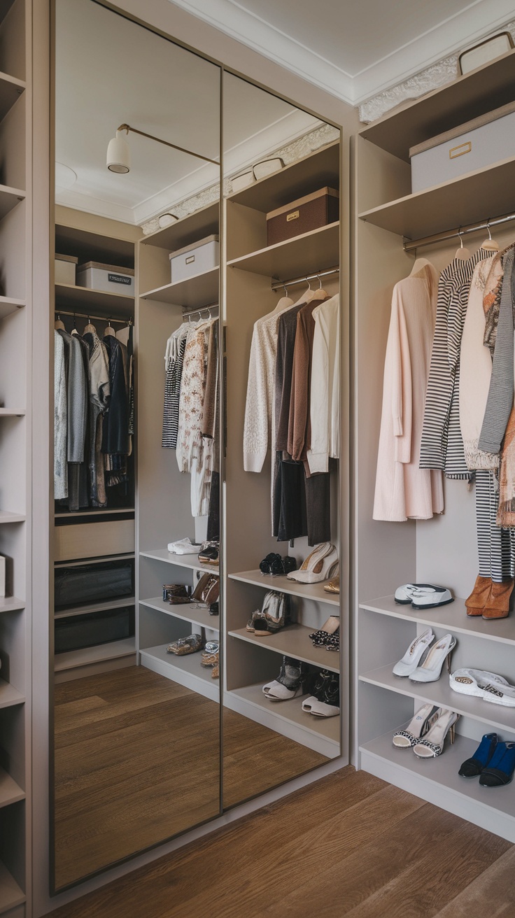 A well-organized walk-in closet featuring mirrored doors, shelves, and neatly arranged clothing and shoes.