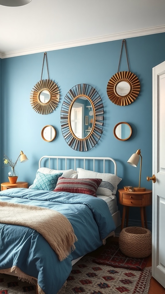 A cozy blue boho bedroom featuring various mirrors on the wall.