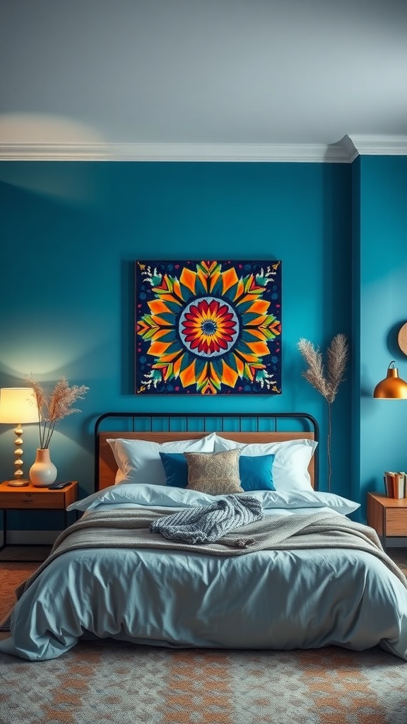 A cozy blue boho bedroom featuring a colorful statement wall art above the bed.