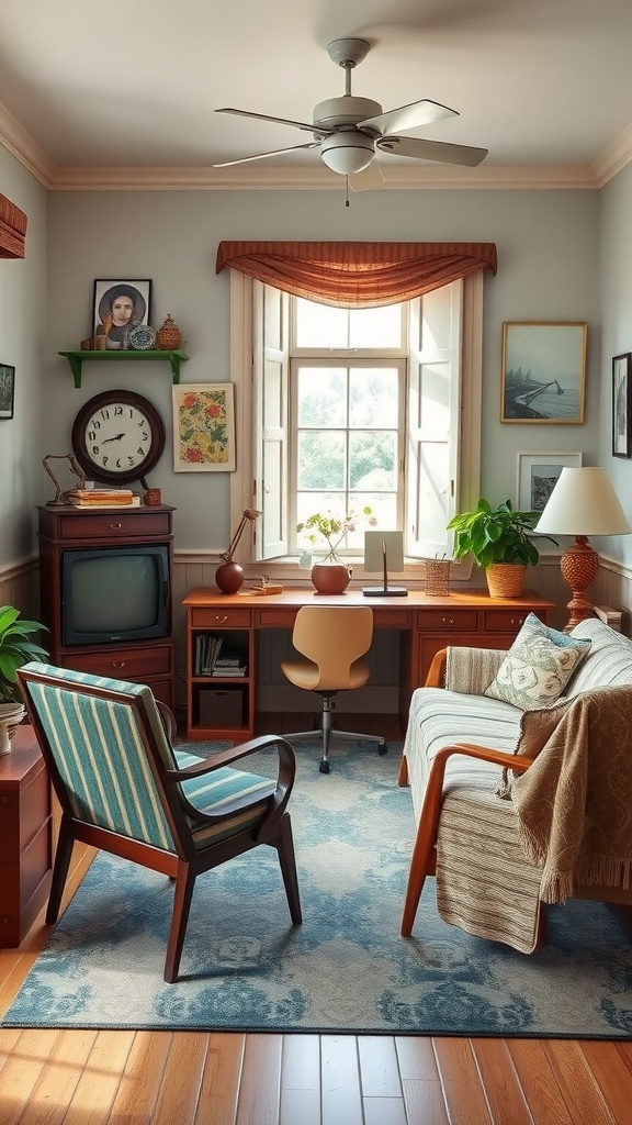 A cozy home office with vintage furniture and a retro TV, featuring warm colors and personal decor.