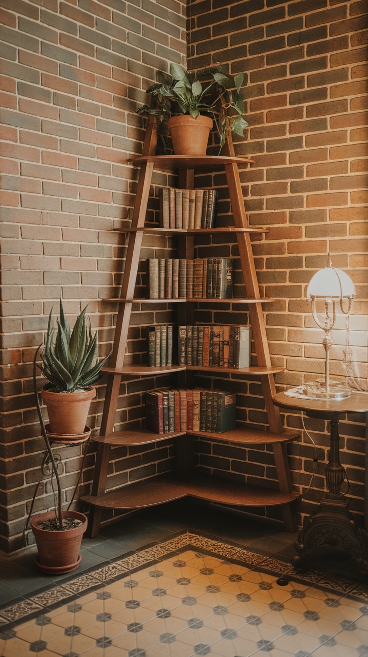 A vintage ladder-style corner shelf displaying books and a potted plant in a cozy room