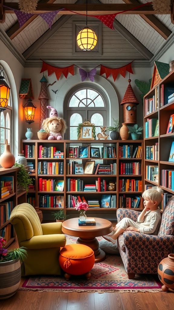 A cozy, whimsical home library with colorful decor and a child reading.