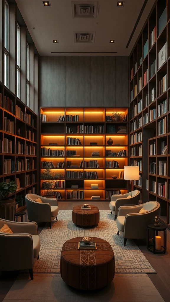 A cozy Zen-inspired library with warm lighting, comfortable seating, and a tranquil atmosphere.