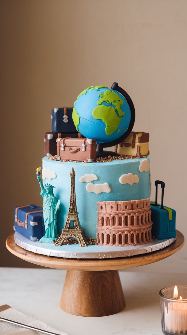 A colorful travel-themed birthday cake featuring a globe, suitcases, and famous landmarks.
