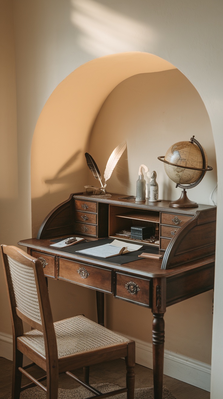 Artistic wooden study nook with a desk, globe, and decorative items