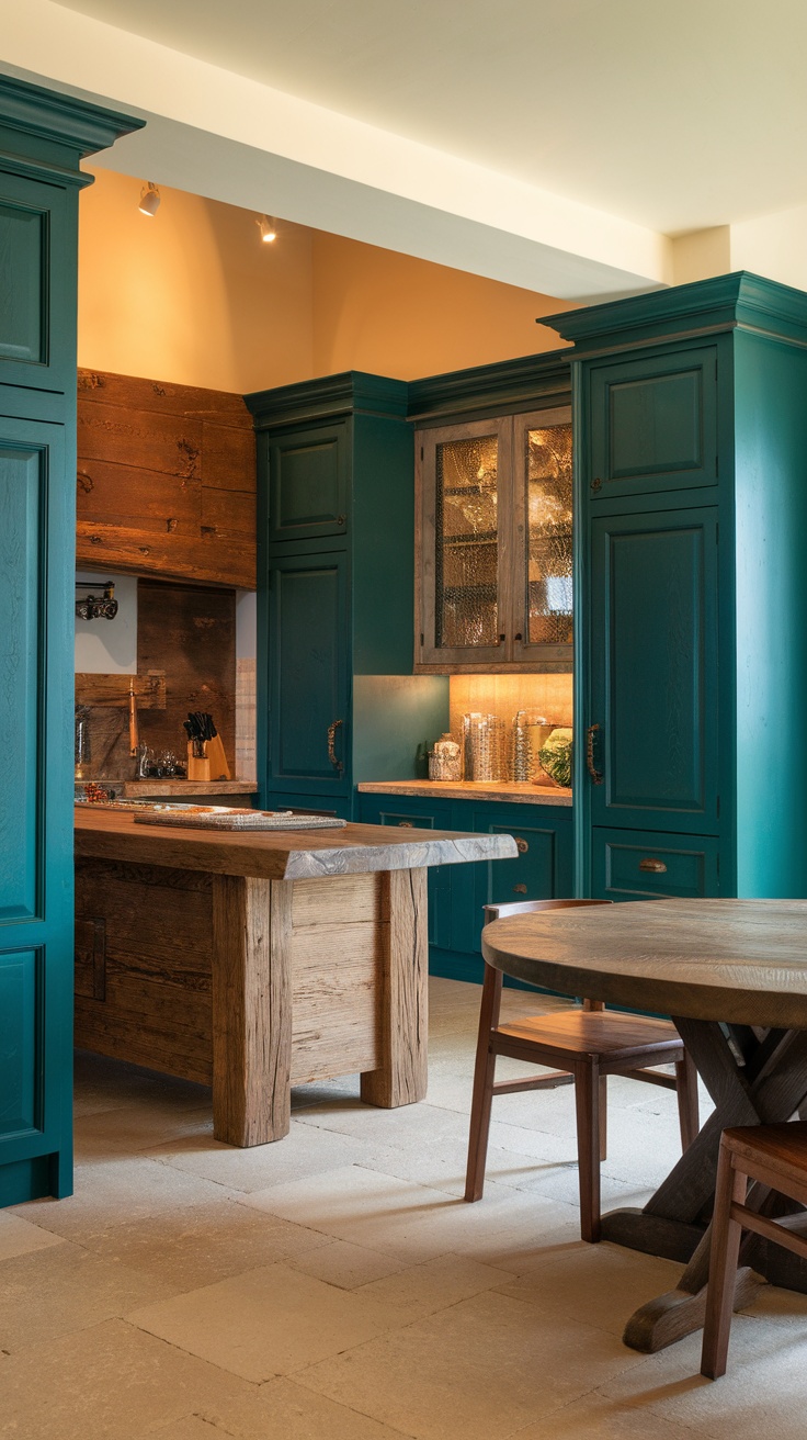 A kitchen featuring bold deep forest green cabinetry with natural wood accents and warm lighting.